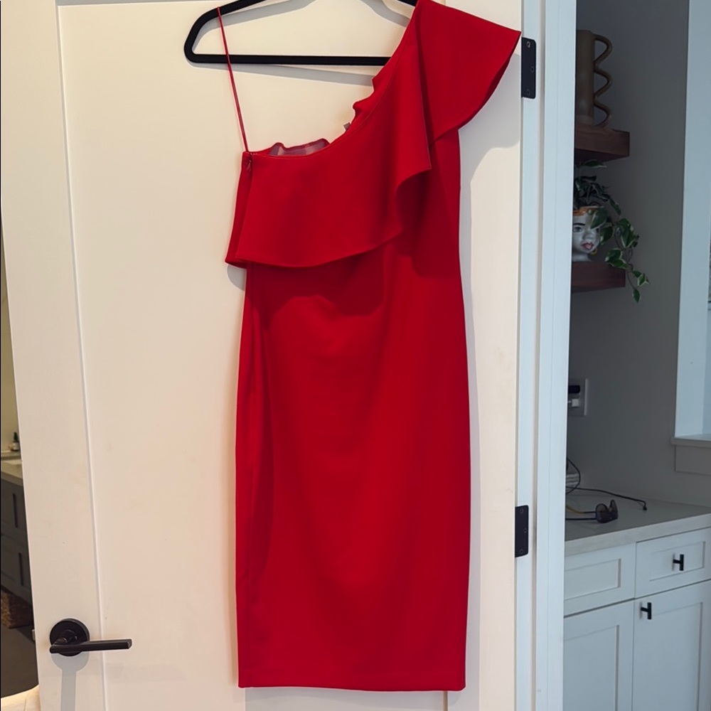 Likely Red Asymmetrical Ruffled Cocktail Dress